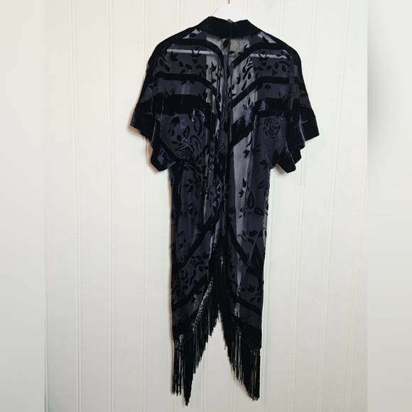 Pins & Needles Blue Velvet Burnout Sheer Fringe Kimono Open Front Womens M/L - Picture 7 of 13